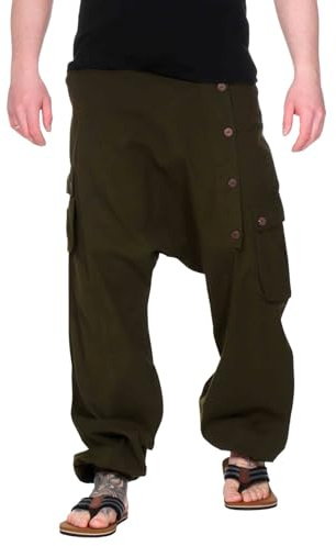 Kunst und Magie Unisex lässige Baggy Haremhose Goa Hippiehose Cargo Freizeit Hose, Größe:L/XL, Farbe:Army Green