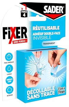 Sader Fixer Sans Percer Invisible – Adhésif Double Face Extra Invisible – Intérieur – Surfaces lisses – Décollable Sans Traces – Réutilisable – Coloris: Transparent – 1.5m x 19mm