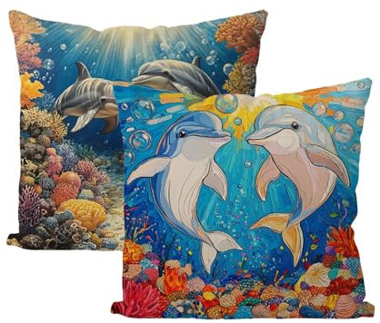 Coussin Exterieur Dauphin Lot de 2 Imperméable Housse de Coussin Corail Motif Taie Oreille 75x75 Housse de Canapé Doux Décoratif Coussins pour Chambre, Canapé, Chaise, Lit, Jardin Exterieur B4-112