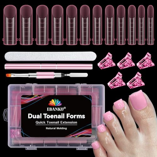 EBANKU 120 PCS Poly Gel Nail Forms for Toes, Pink Long Square Dual Forms for Polygel Pedi Extension Poly Gel Toenails Set with Nail Clips Brush Pe Nail File Reusable Tips Mold for Nail Design