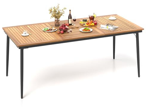 COSTWAY Gartentisch mit Schirmloch, 200x90cm, großer Terrassentisch für 8 Personen, rechteckiger Balkontisch aus Akazienholz, Outdoor-Esstisch für Terrasse, Garten