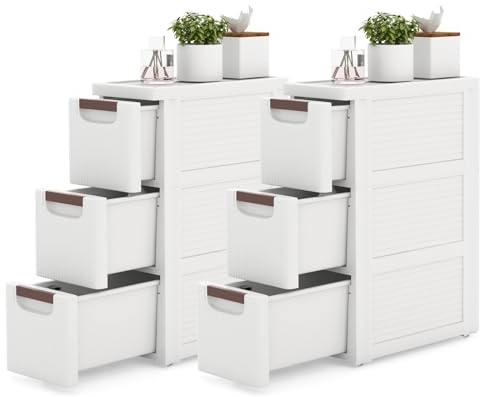 KOMFOTTEU Schmaler Nischenschrank auf Rollen, Rollschrank mit 4 Schubladen, Rollwagen Nischenregal platzsparend, Ordnungswagen Schubladenschrank für Küche Badezimmer, Weiß (3 Schubladen, 2 Stück)