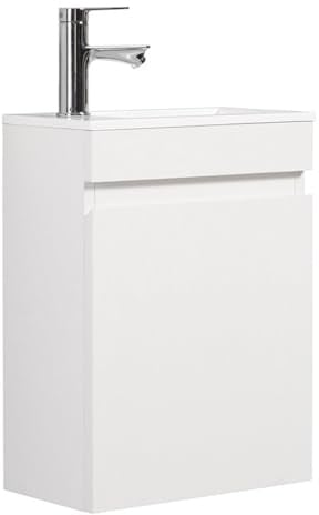 Waschtisch-Set mit Unterschrank, 40 x 22 cm, Matt Weiß, Komplett-Set mit Überlauf, Armatur, Siphon und Ablaufgarnitur