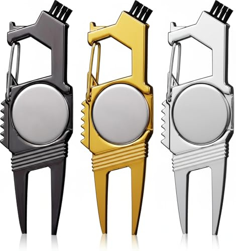 Poen 3 Pcs 7 in 1 Golf Divot Repair Tool and Ball Marker Golf Accessories for Men, Bottle Opener, Groove Cleaner, Putting Alignment, Metal Green Tool (Black Gold Silver)