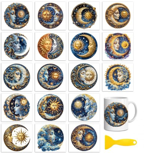 Peacoblue Rub on Aufkleber,Vintage Sonne und Mond Transfersticker UV DTF | 18 Blatt wasserfeste UV DTF sticker Rub On Folien für Holz, Glas, Metall, Becher, Spiegel und DIY Wohndekoration
