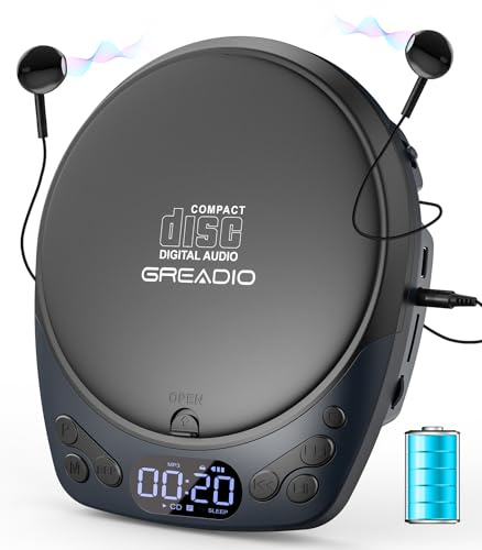 Greadio CD Player Tragbar mit Kopfhörer, Wiederaufladbarer Discman | CD-Player für Auto und Zuhause, Klein CD Spieler mit Anti-Skip-Funktion, TF/AUX-Wiedergabe, Sperre