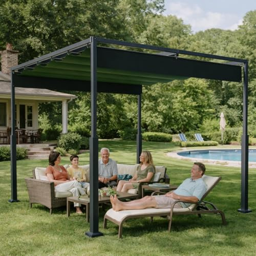 Pergola Jardin Exterieur 3x4 m Noire, Tonnelle de Jardin Exterieur Coulissante Rétractable, Structure Métal Anticorrosion, Toile Haute Densité, Abri Solaire pour Terrasse et Jardin