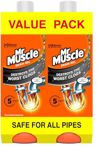 Mr Muscle Desbloqueador de drenaje, limpiador de fregadero y drenaje, gel de drenaje resistente de acción rápida, disuelve obstrucciones, funciona 3 veces mejor que el blanqueador, seguro para todas