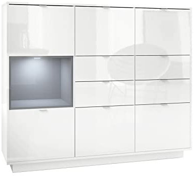 Vladon Highboard Sideboard Metro V2, Made in Germany, Korpus in Weiß Hochglanz/Fronten in Weiß Hochglanz mit Einsatz in Grau Hochglanz, inkl. LED Beleuchtung