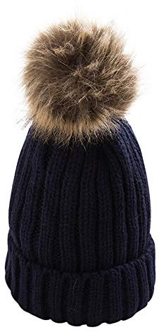 newrong Damen Wärmer Strick Bommelmütze Dunkel Blau Einheitsgröße