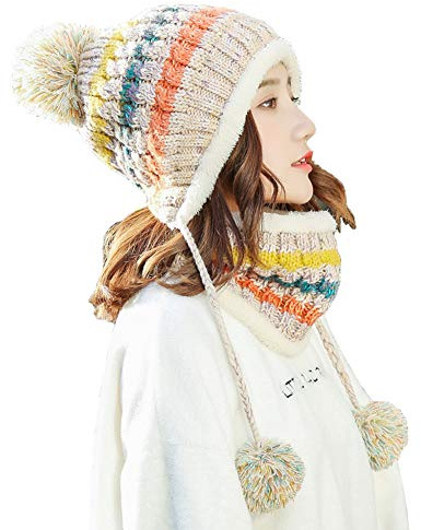 Bobble Hat And Loop Scarf Set For Women Girls Warm Knitted Pom Hat Interior Thick Fluff Winter Warm Ladies Bobble Hat Loop Scarf Set