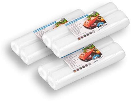 6 x BOTTINI Vakuumrollen goffriert mit Struktur 28 x 600 cm Sous Vide, Folien in Profiqualität mit Siegelrand und Struktur Vakuumbeutel für alle Vakuumierer