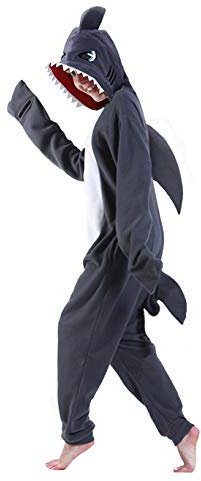 dressfan Tier Hai Kostüm Hai Jumpsuits Hai Pyjamas Cosplay Kostüm Weihnachten Halloween Schlafanzug für Unisex Erwachsene Jugendliche Grau XXL