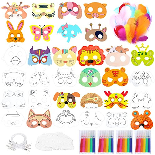 Xiuyer Masken zum Ausmalen, 32 Stück Tiermasken Kinder Weiße Kartenaugenmasken mit Elastischem Seil und 50 Farbige Federn zum Bemalen und Gestalten für Jungen Mädchen Handwerk(22 Tieren)