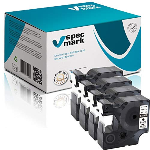specmark Kompatibel für DYMO D1 45803 S0720830 Schriftband 19mm x 7 m Satz x 4 St. Schwarz auf Weiß Kompatibel mit DYMO D1 für Drucker LM LabelManager LP LabelPoint LW LabelWriter DUO