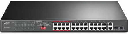 TP-Link TL-SL1226P 24-Port Fast Ethernet Unmanaged PoE+ Switch + 2 Gigabit Port(250 Watt, geschirmte RJ-45 Ports, 250m Übertragungsabdeckung im Extendmodus, Plug-and-Play, lüfterlos) Schwarz