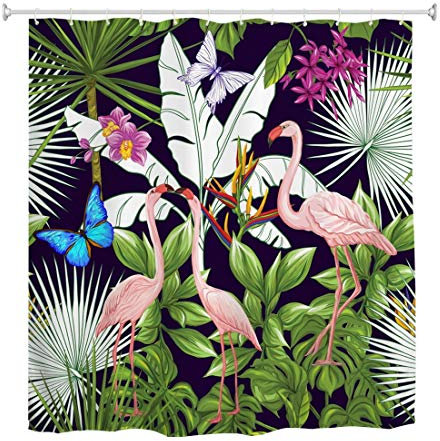 A.Monamour Rideau de Douche Anti Moisissure Imperméable Tissu Jungle Tropicale Plantes Feuilles De Palmier Fleurs Flamant Polyester Étanche Rideau pour Salle de Bain Baignoire avec Crochets 150x180cm