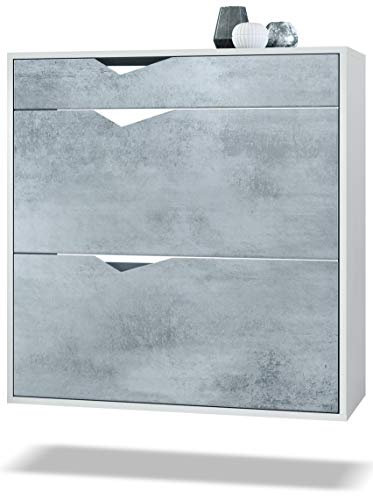 Vladon Schuhschrank Kolmio 85 x 87 x 33 cm, Made in Germany, Korpus in Weiß matt, Fronten in Beton Oxid Optik | Große Farbauswahl