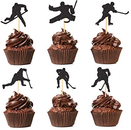 Topoox Hockey-Cupcake-Topper 48 Stück Hockeyspieler Cupcake Picks für Jungen Eishockey Sport Mottoparty Supplies