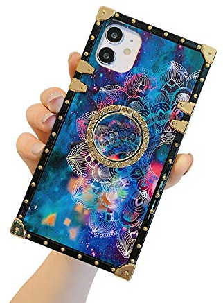 Case Compatible with Iphone 12 Pro Max Tie Dye Square Bohemian Case with Ring Stand Soft TPU Shockproof Bumper Anti Scratch Hard PC Blue Ray Back Cover,Blue,11 Pro max