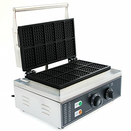 RainWeel Machine à gaufres belge commercial antiadhésif en acier inoxydable 10 pièces 8 x 5,5 cm Minuteur 50 ~ 300 °C Pour boulangerie, restaurant, kiosque, cantine
