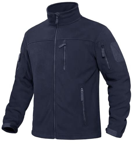 KEFITEVD Chaqueta de forro polar para hombre, resistente al viento, con cremallera, abrigo táctico cálido con 6 bolsillos, azul marino, M