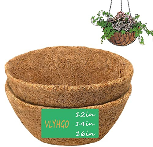 VLYHGO Coco Liner 14 Inch Hanging Basket Coir Liner 100% Natural Round Coconut Fiber Replacement Liners for Hanging Basket Flowers Vegetables (2 PCS)