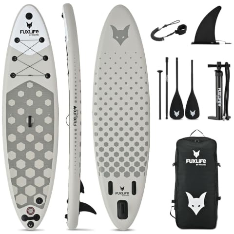 FUXLIFE SUP Board FX-SUP320D1 grau aufblasbar • Stand Up Paddle für Erwachsene • 320 x 81 x 15 cm • bis 150 kg belastbar • mit Pumpe, Tasche, Paddel und 3 Finnen im Set