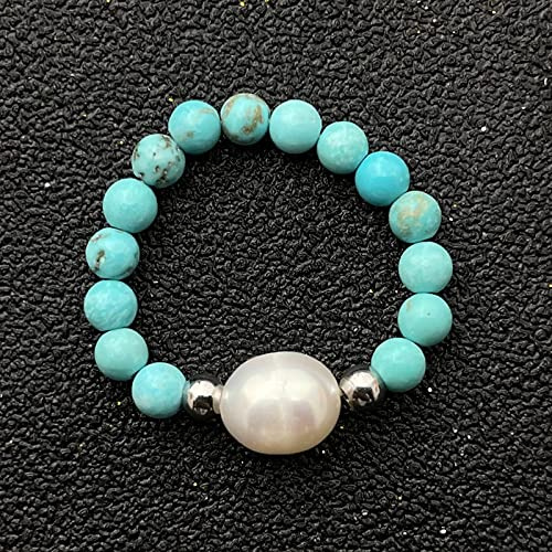 Anello di Perle d'Argento Perle Naturali Anello di Elasticità con Perline Turchese Lucido Cristallo Anelli di Pietra da Donna Equilibrio Reiki Anelli di Dito alla Caviglia Anello di Eternità per D
