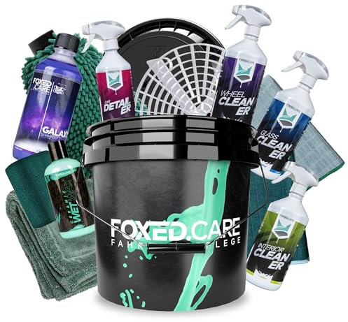 Foxed Care Eimer Bundle Platin - FoxedCare Wascheimer 3,5 US GAL mit Zubehör + FoxedCare Autoshampoo 0,5L, Wax 0,25L, Glasreiniger 1L, Felgenreiniger 1L, uvm. + Garage Freaks Mikrofaser Zubehör
