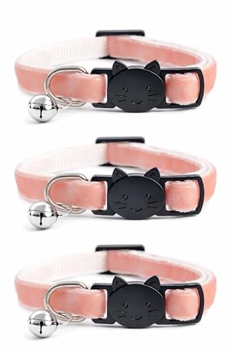 Velvet Cat Collars with Bell. Safe Breakaway Quick Release Buckle. Available in Cat & Kitten Size (Pack of 3) (Kitten Collar (15cm - 23cm), Peach Velvet (Pack of 3))