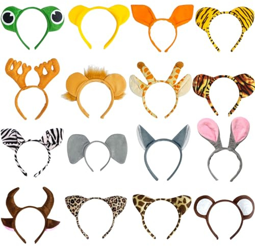 Flying Childhood 16Pcs Jungle Animal Ears Headbands as Safari Party Favors Wild One Birthday Decorations Plush Animal Headpiece for Kids Adults