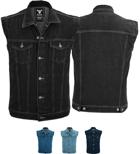 BULLDT Herren Motorrad Denim Biker Jacke - Stilvolle Trucker Weste mit Kragen Vintage Klassisches Design 100% Baumwolle (DE/NL/SE/PL, Numeric, 54, Regular, Regular, Standard, Schwarz)