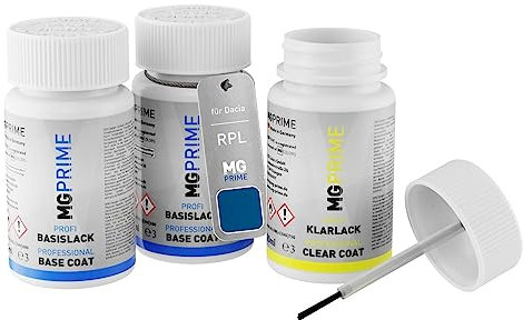 MG PRIME Autolack Lackstift Set für Dacia RPL Bleu D'Azurite Metallic/Adria-Blau Metallic Grundlack Basislack Klarlack je 50ml