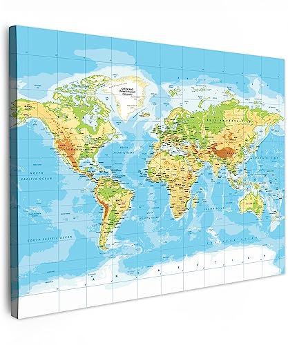 MuchoWow© Leinwand Bilder 80x60 cm Wanddeko Wohnzimmer Aesthetic Room Decor Deko Zimmer Wandbilder Modern Fotogeschenke Weltkarte - Landkarte Welt - Blau - Erde - Lehrreich