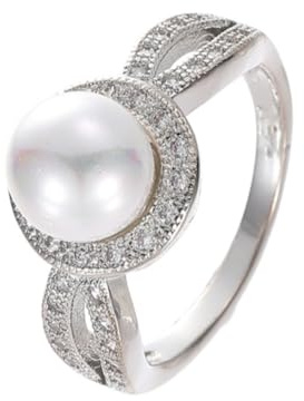 Gixaxak Damen-Ring mit Zirkonia, 925er-Sterlingsilber, Unendlichkeitssymbol, Zirkonia, mit 6 mm weißer Süßwasser-Zuchtperle, Hochzeitsschmuck, Verlobungsring