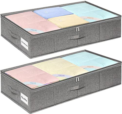 mepure 2 Pack 50L Under Bed Storage with Clear Lids, 76x38x17cm, Fabric Ultra Thick Underbed Storage Boxes With Sturdy Zipper, Foldable Sturdy Clothes Storage Bag with 3 Handles & Side Bottom Support