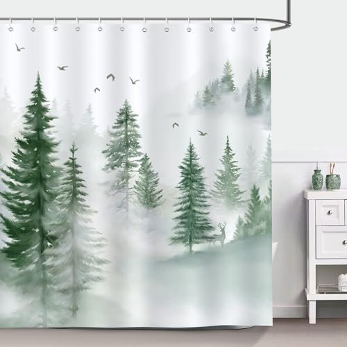 Bonhause Rideau de Douche Forêt Brumeuse Vert Sauge Arbre Nature Rideau de Bain Tissu Polyester Anti Moisissure Imperméable Lavable Rideaux Salle de Bain 180 x 180 cm avec 12 Crochets pour Baignoire