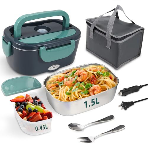 Lonchera eléctrica para alimentos, calentador portátil de 80 W para coche, camión, trabajo con recipiente de acero inoxidable 304, 12 V/24 V/110 V, lonchera térmica verde, adecuada para