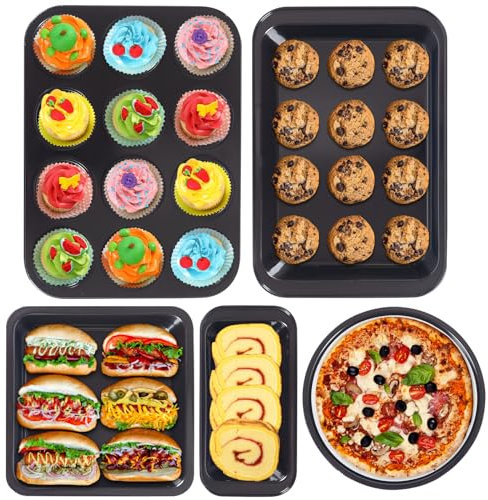 ShellKingdom Set di 5 teglie da forno, antiaderenti, teglia per muffin, teglia per pagnotta, teglia per arrosto, fogli da forno per cucina e forno, con 1 guanto da forno (nero)