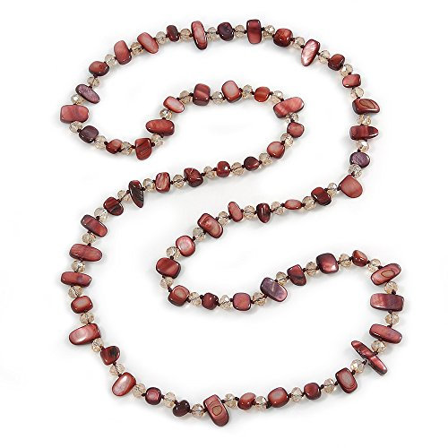 Avalaya Dark Burgundy Shell Nugget and Transparent Glass Crystal Bead Long Necklace - 110cm L