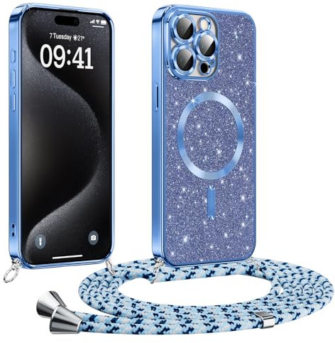 Phoona handyband Hülle für iPhone 15 Pro Max mit Band, Glitzer Handyhülle Kompatibel mit MagSafe, Ganzkörperschutz Kratzfeste Stossfest Schutzhülle mit Einstellbar Kette, Blau