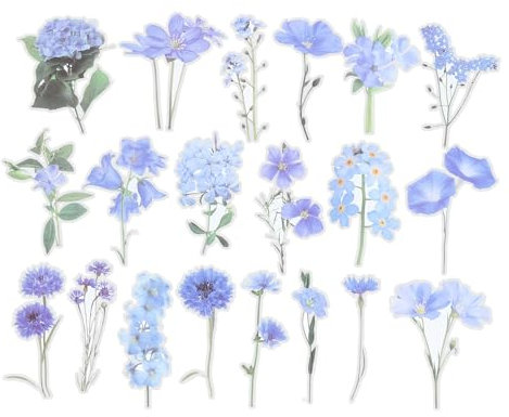 PATIKIL Transparent Flower Vinyl Stickers, 40 Sheet Waterproof PET Flowers Decals Floral Stickers for Scrapbook Journaling Crafts DIY Water Bottles, Blue