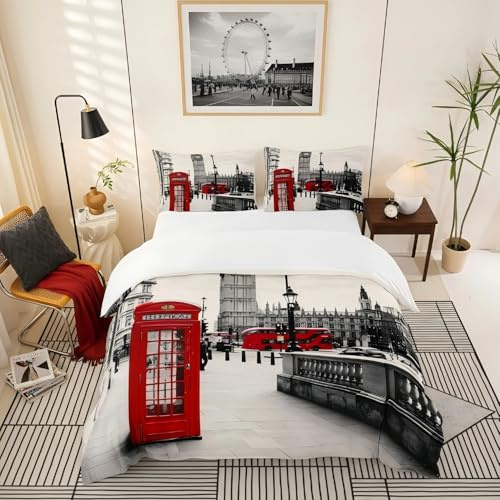 Homemissing Bettbezug, 140 x 200 cm, modern, rot, grau, Bettwäsche-Set, London, für Kinder, Dekoration, Vintage, britische Telefonzelle, Big Ben, bedruckt, Bettwäsche-Set