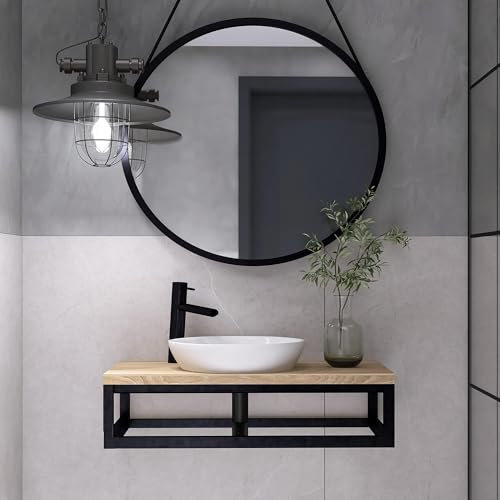 FERRO modern design Eschenholz Waschtischplatte 60x45x22cm für Aufsatzwaschbecken - Massivholz Wandkonsole Schwarz, Waschbeckenunterschrank Hängend