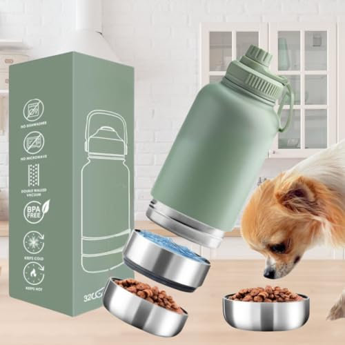Edelstahl Trinkflasche für Hunde, 3-in-1 Trinkflasche mit Näpfen, Hundeflasche für unterwegs für Futter und Wasser, Reisenapf, Wasserflasche, Trinkflasche Hunde