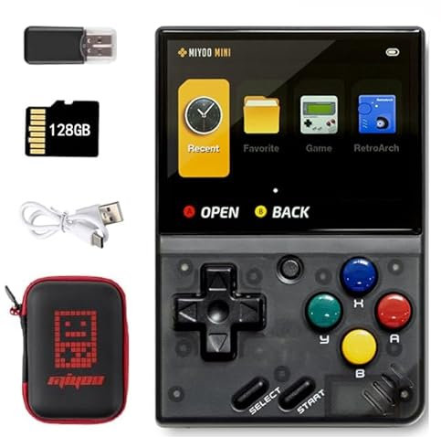 MIYOO Mini V4 Console de jeu portable avec étui rigide, écran IPS de 7,1 cm, système Linux rétro, batterie rechargeable 2000 mAh, console de jeu rétro portable (MIYOO Mini V4, Noir, 64 G)