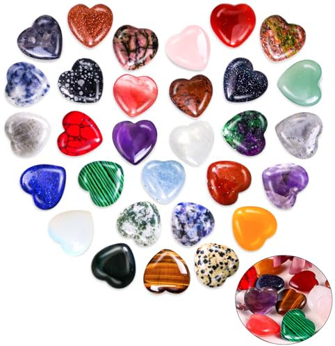 30 Stück Herz Stein, Bunte Glückssteine Heilsteine Kristalle Steine, Liebesherz Natürliche Bunte Kristalle Steine für Meditation, Chakra, Reiki, Energieausgleich, Balancing, Valentinstag