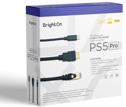 BrightOn® Pacchetto di cavi ottimizzato compatibile con PS5 PRO | 8K HDMI 2.1 HDR 8K@60Hz/4K@120Hz | Cavo Ethernet CAT 7 Super High Speed | Cavo di ricarica rapida (3.1 USB C a USB C)