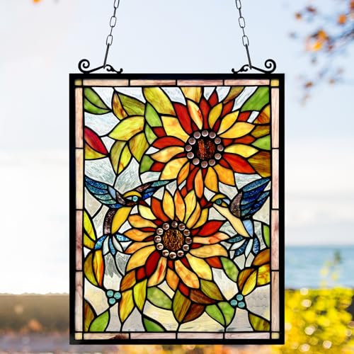 Capulina Sunflower and Birds Stained Glass Panels Window Hangings Tiffany Style Traditional Art Handcrafts for Home Decor and Gifts